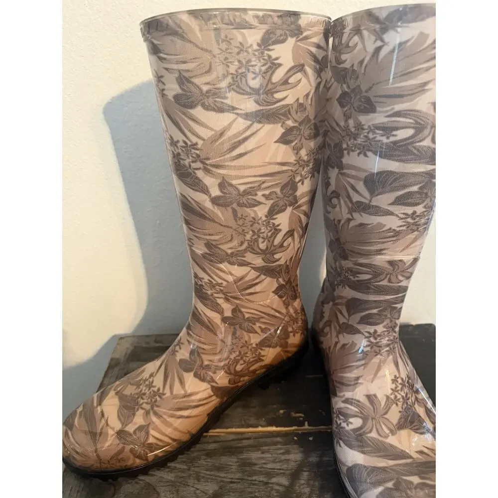 Ugg Women Boots Shaye Island Floral Rain Boot Tropical Asphalt Black Tan Size 9